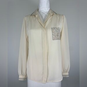 Vintage Serge Nancel Paris Ivory Embroidered Silk-Feel Blouse